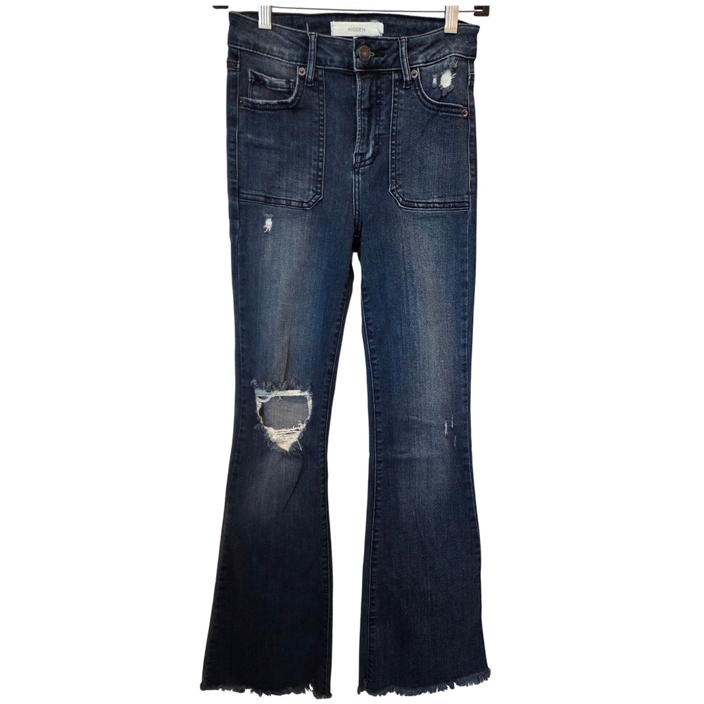 Hidden Jeans Los Angles S 25 Distressed High Rise Flare Leg Raw Hem Patch Pocket